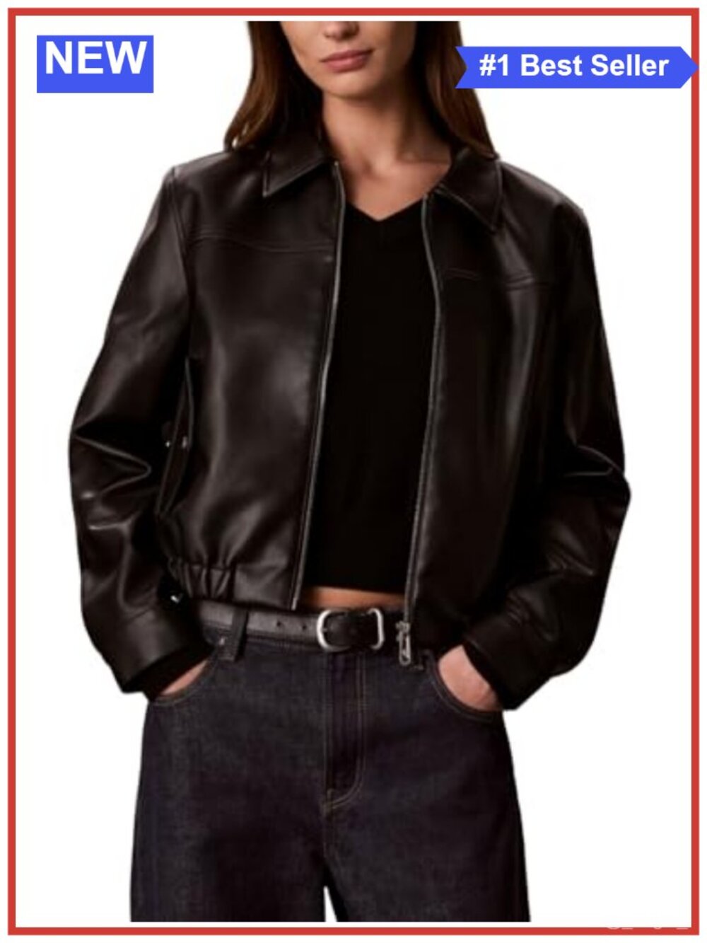 Faux Leather Bomber Jacket Full Zip Collar Long Sleeve Classic Fit